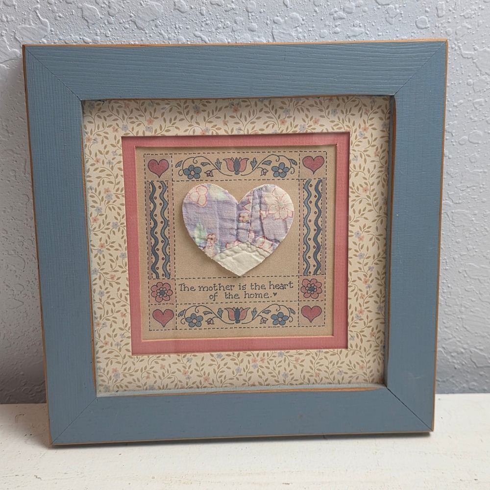 Vintage Folk Art "Mother is the Heart of the Home" Framed Fabric Heart Blue Pink